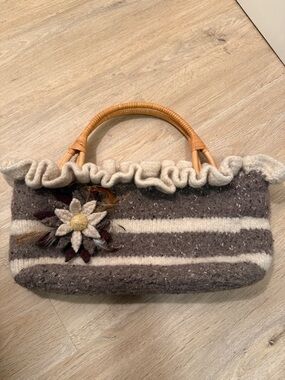 Handcrafted Wool Stripe Ruffle Top Shoulder Bag - Gray & Cream With Flowr Detail